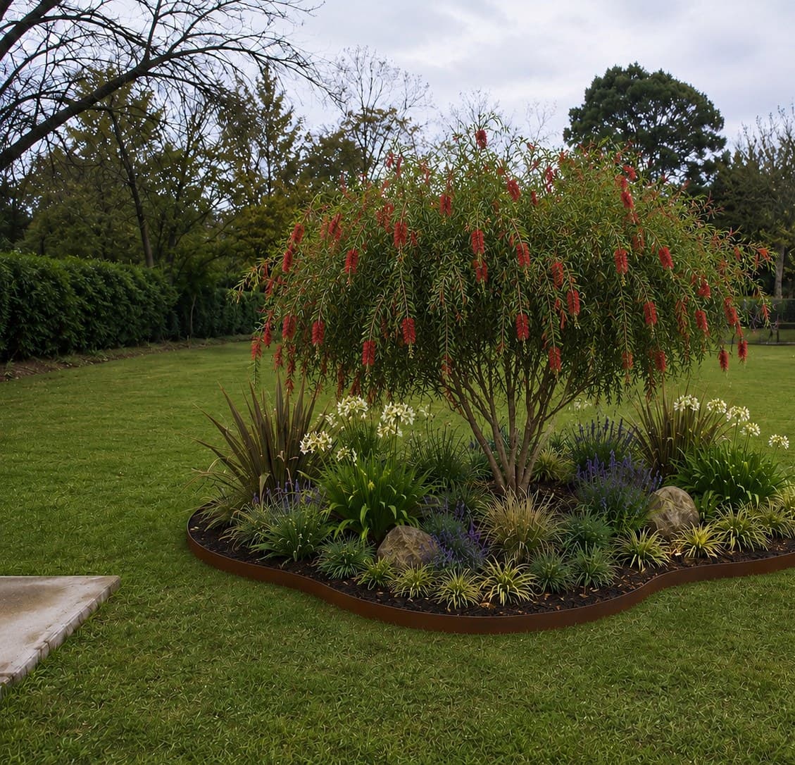 Cantero con callistemon, agapantos y gramíneas diseñado por Plantamos Juntas