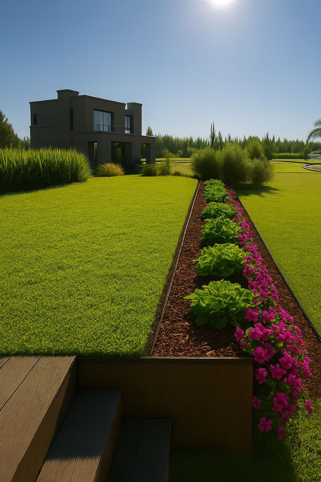 Propuesta de jardín con cantero lineal y parque en un lote de Nordelta
