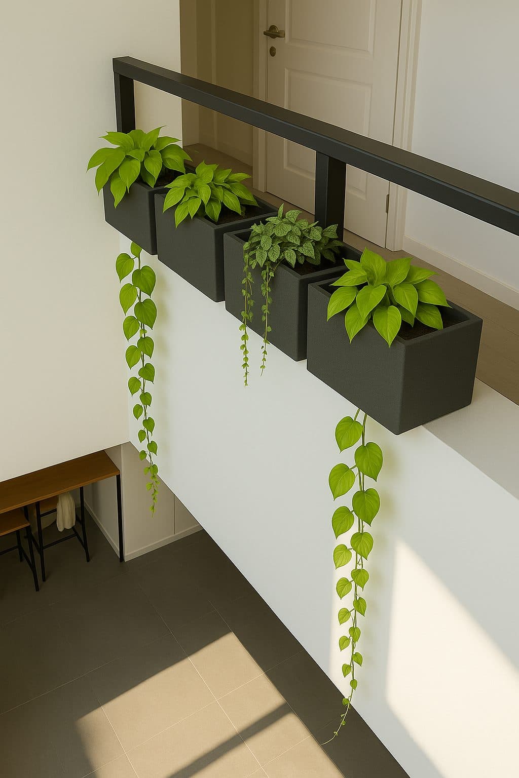Propuesta de jardineras colgantes con potus en una escalera interior